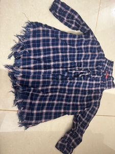 Blue Plaid Frayed Long Sleeve Shirt