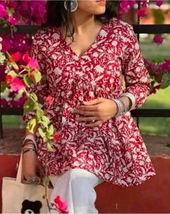 Floral Print Red Tunic Top