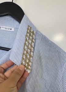 Blue Striped Shirt with Embellished Collar