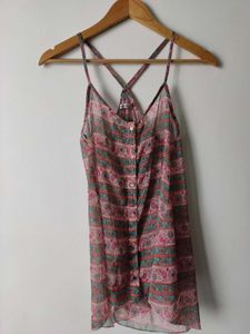 Sheer Floral Print Button-Up Cami Top