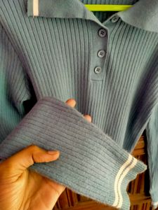 Blue Cropped Polo Knit Top