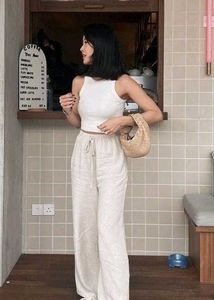 Cream Wide Leg Linen Pants