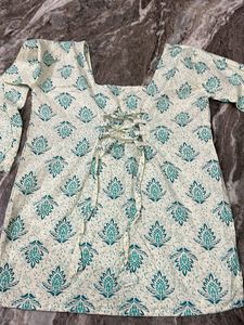 Cream Green Floral Print Kurta