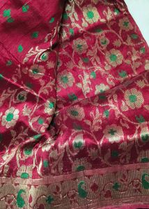Elegant Red Saree with Green Motifs