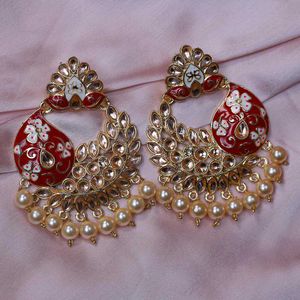 Heavy Red & Gold Chandelier Earrings with Pearls