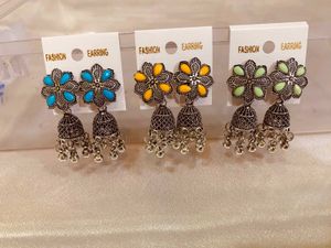 Boho Jhumka Earrings with Floral Design (pack of 3