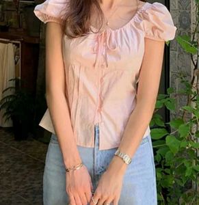 Savana Form fitting Puff Sleeve Pink tie up top