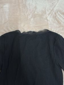 Black Cropped Long Sleeve Top with Lace Trim