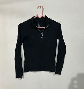 Black Ribbed High Neck Zip Top / Full Sleeve