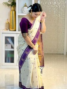 Elegant Cream &amp; Purple Saree