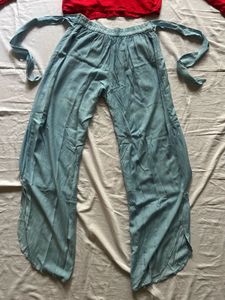 Red Embellished Crop Top &amp; Teal Palazzos