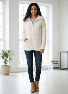 Cozy White Knit Zip-Up Sweater