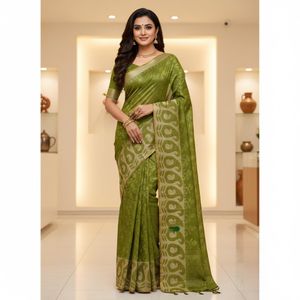 Elegant Green Saree with Paisley Border witg unsti