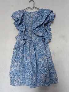 Zara Blue Floral Ruffle Sleeve Dress