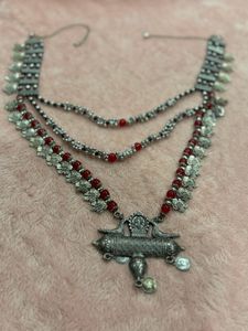 Oxidized Silver Necklace with Red Beads