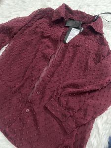 Elegant Burgundy Sheer Button-Up With Inner
