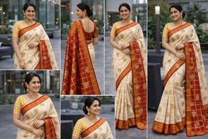 Elegant Cream & Red Silk Saree