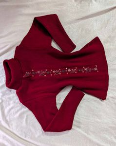 Embellished Burgundy Turtleneck Sweater