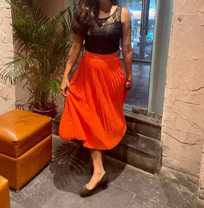 Chic Black Lace & Orange Pleated Dress