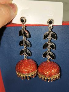 Red Jhumka Earrings with Black Stones