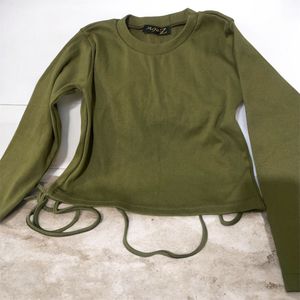 Olive Green Long Sleeve Wrap Crop Top