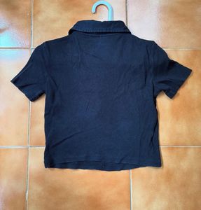 Black Bonkers Ribbed Button-Up Top