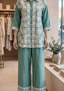 Embroidered Teal Kurta Palazzo Set