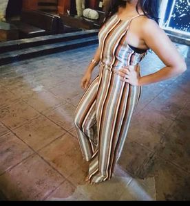 Striped Halter Neck Jumpsuit with waist open back