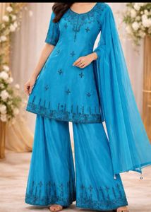 Blue Emblished Kurta with Palazzo Set