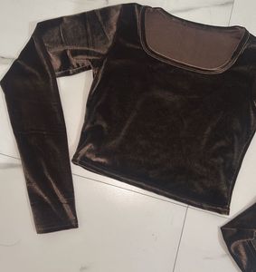 Brown Velvet Long Sleeve Top