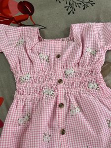 Pink Gingham Embroidered Dress