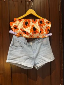 Cute Sunflower Crop Top &amp; Denim Shorts Set