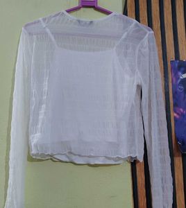 Elegant White Sheer Full Sleeve Crop Top 🤍