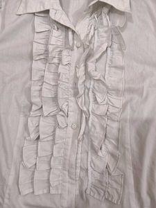 Chic White Ruffled Button-Up Blouse