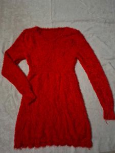 Cozy Red Woollen Long Sleeve Winter Sweater Dress