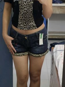 Denim Shorts with Leopard Detail