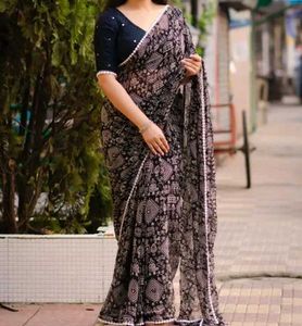 Stylish Black & White Printed Saree