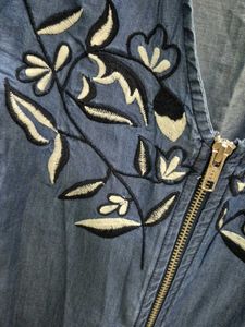 Embroidered Cotton Denim Zip-Up Top