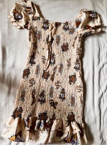 Cream Printed Smocked Puff-Sleeve Dress