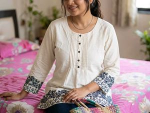 Cream Kurta with Blue Floral Embroidery