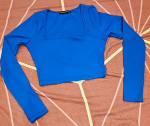 Blue Square Neck Long Sleeves Slim Fit Crop Tee