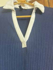 Navy Ribbed Polo Collar Midi Dress