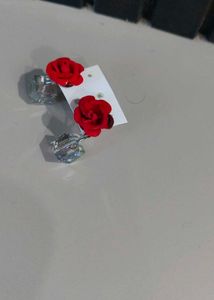 Red Rose &amp; Crystal Stud Earrings