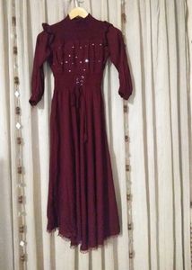 Maroon Long Full Sleeves Dress Elasticated Waist
