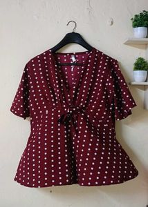 Maroon Polka Dot Tie-Up Top