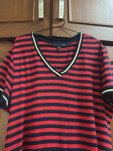 TH Red and Black Striped V-Neck Dress