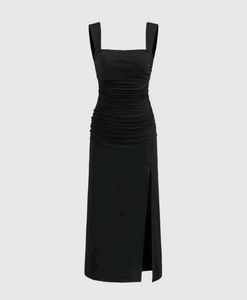 Chic Black Ruched Midi Dress