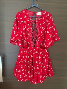 Red Floral Crochet Cut-Out Mini Romper Dress
