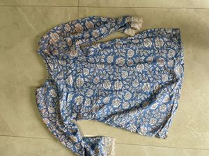 Blue Floral Print Kurta with Lace