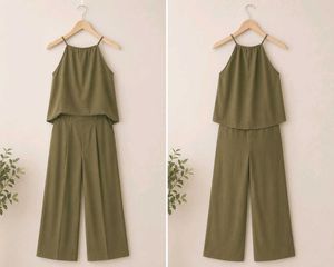 Light Olive Green Halter Neck Wide Leg Pants Set